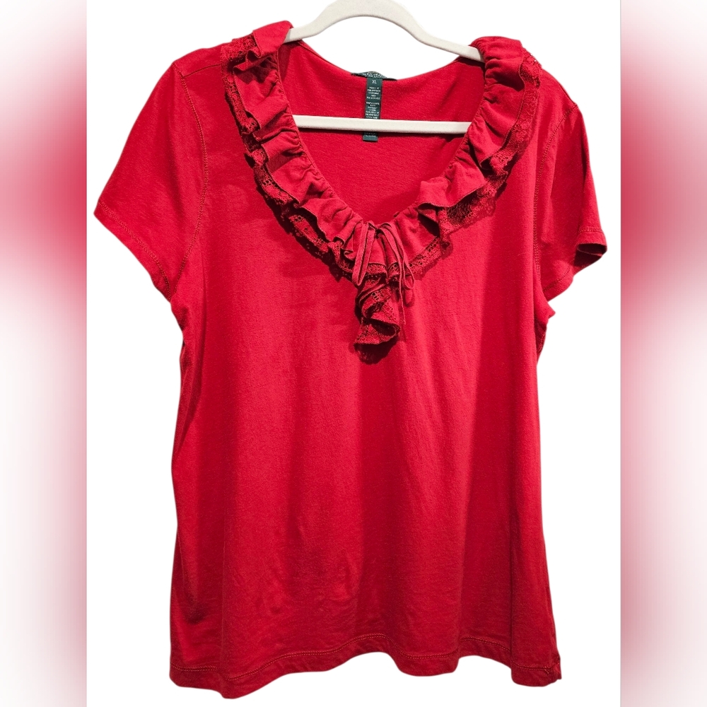 Ralph Lauren Women Elegant Red Ruffled Trim Blouse Top Size XL